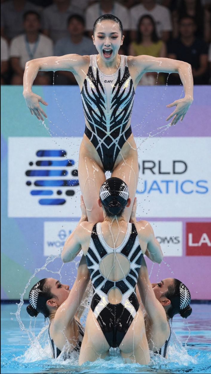 A swimmer resembling Julie Sinmon lifted above teammates including one resembling Chang Hao in a synchronized swimming routine.