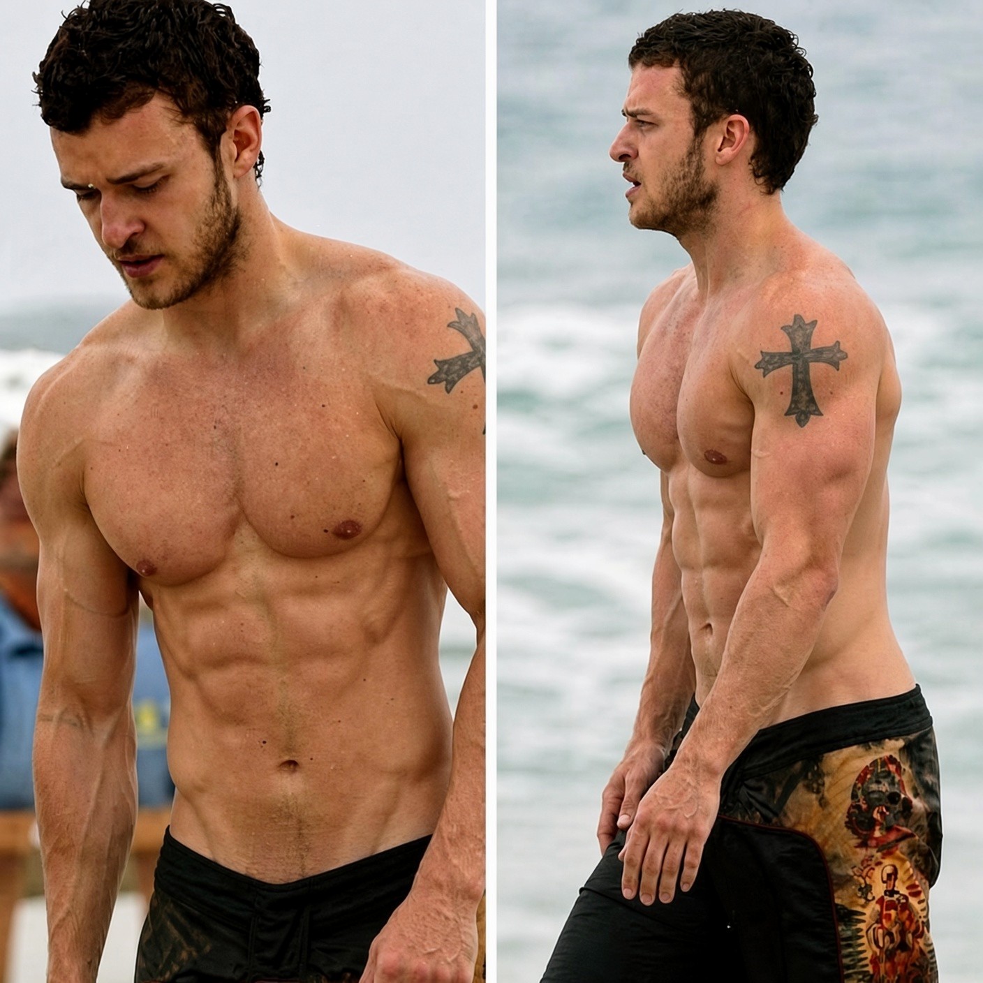 Two side-by-side views of a man resembling Justin Timberlake, shirtless on a beach, showing a cross tattoo on his upper arm.