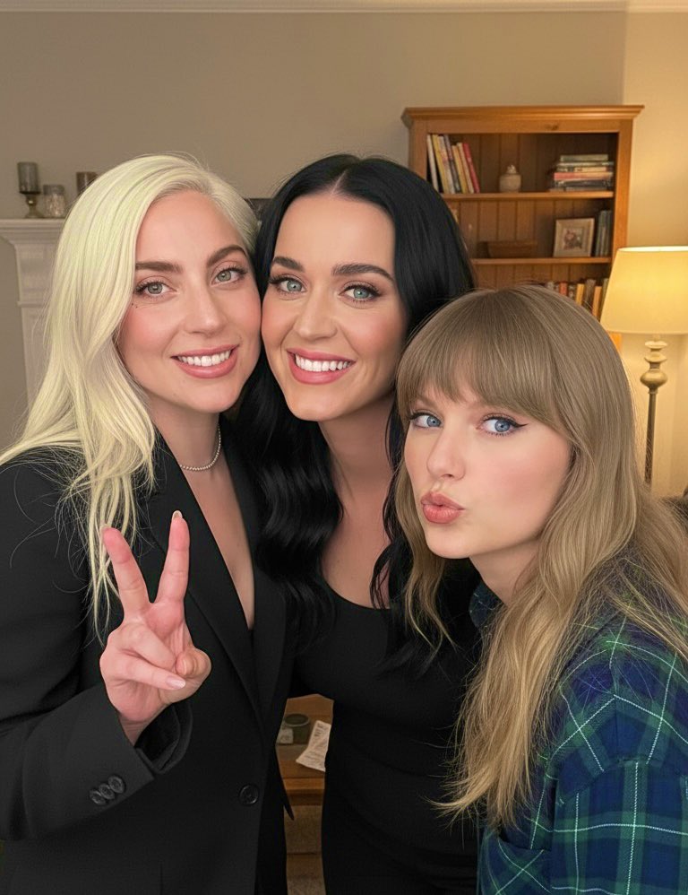 Three women resembling Katy Perry, Taylor Swift, and Lady Gaga posing together in a domestic interior.