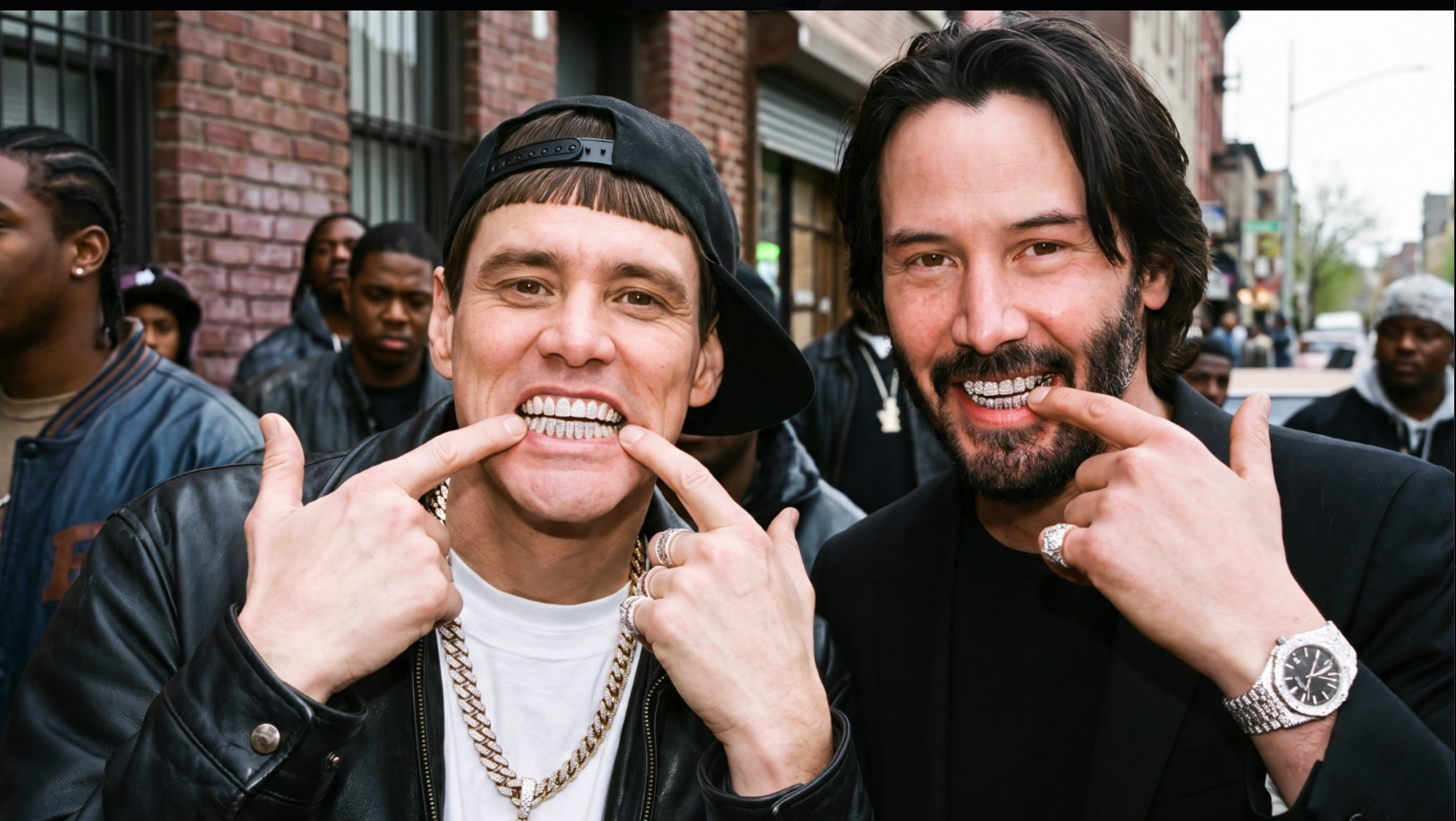 Two men resembling Keanu Reeves and Jim Carrey posing on a city street, both pointing at diamond grills.