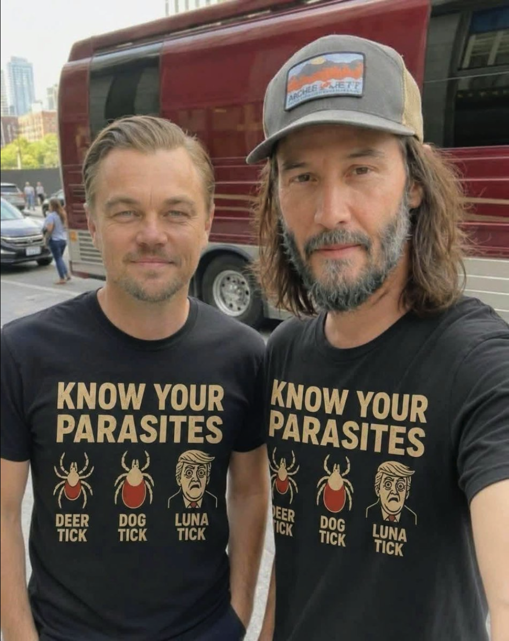 Two men resembling Keanu Reeves and Leonardo DiCaprio wearing matching 'Know Your Parasites' t-shirts outdoors.