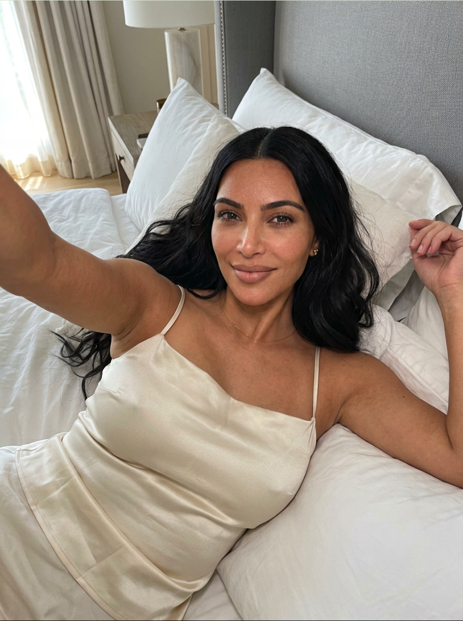 A woman resembling Kim Kardashian taking a selfie while reclining on a bed in a cream slip dress.