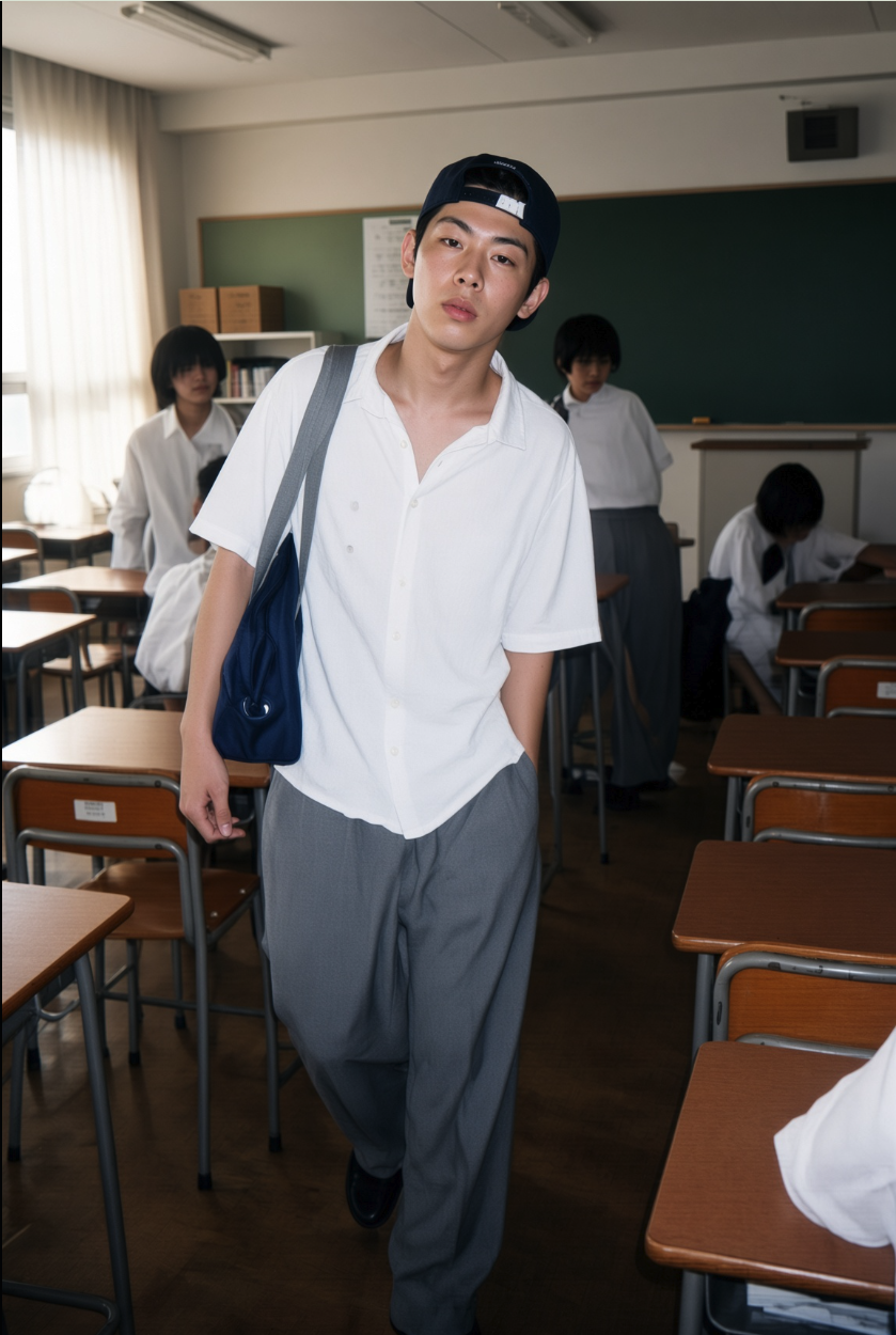 A young man in a white shirt, gray trousers, and navy cap walking through a Japanese school classroom.