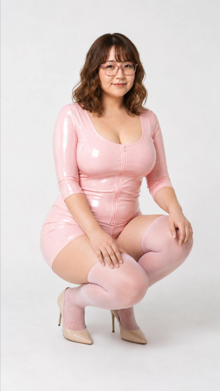 A woman resembling Maya Kobayashi crouching in a glossy pink latex outfit, matching stockings, and heels against a white backdrop.