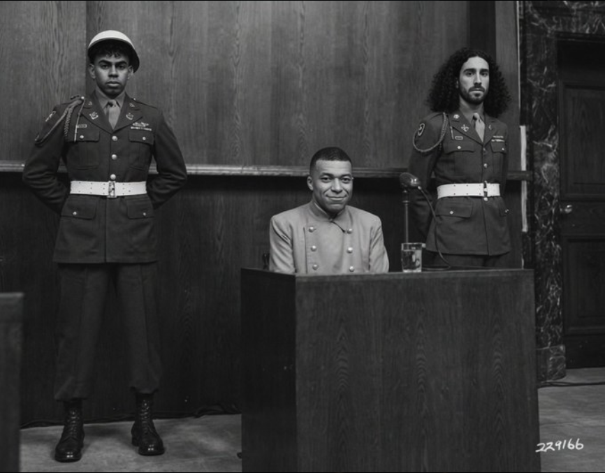 Black and white photo of a man resembling Kylian Mbappé seated at a stand, flanked by two uniformed guards including one resembling Jean Carn.