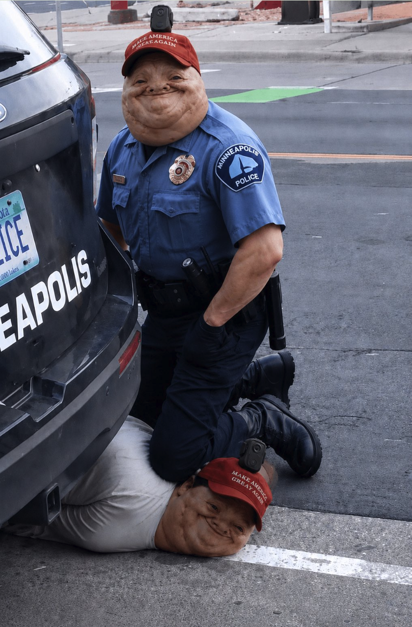 A manipulated image showing a figure in a Minneapolis Police uniform kneeling on a person on the ground, both with distorted facial features, next to a police SUV.