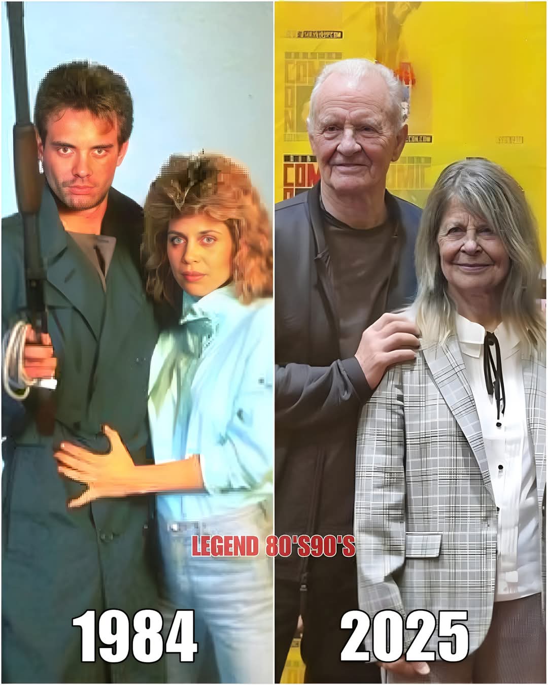 Side-by-side image resembling Michael Biehn and Linda Hamilton: a 1984 film still on the left, a 2025 photo on the right.