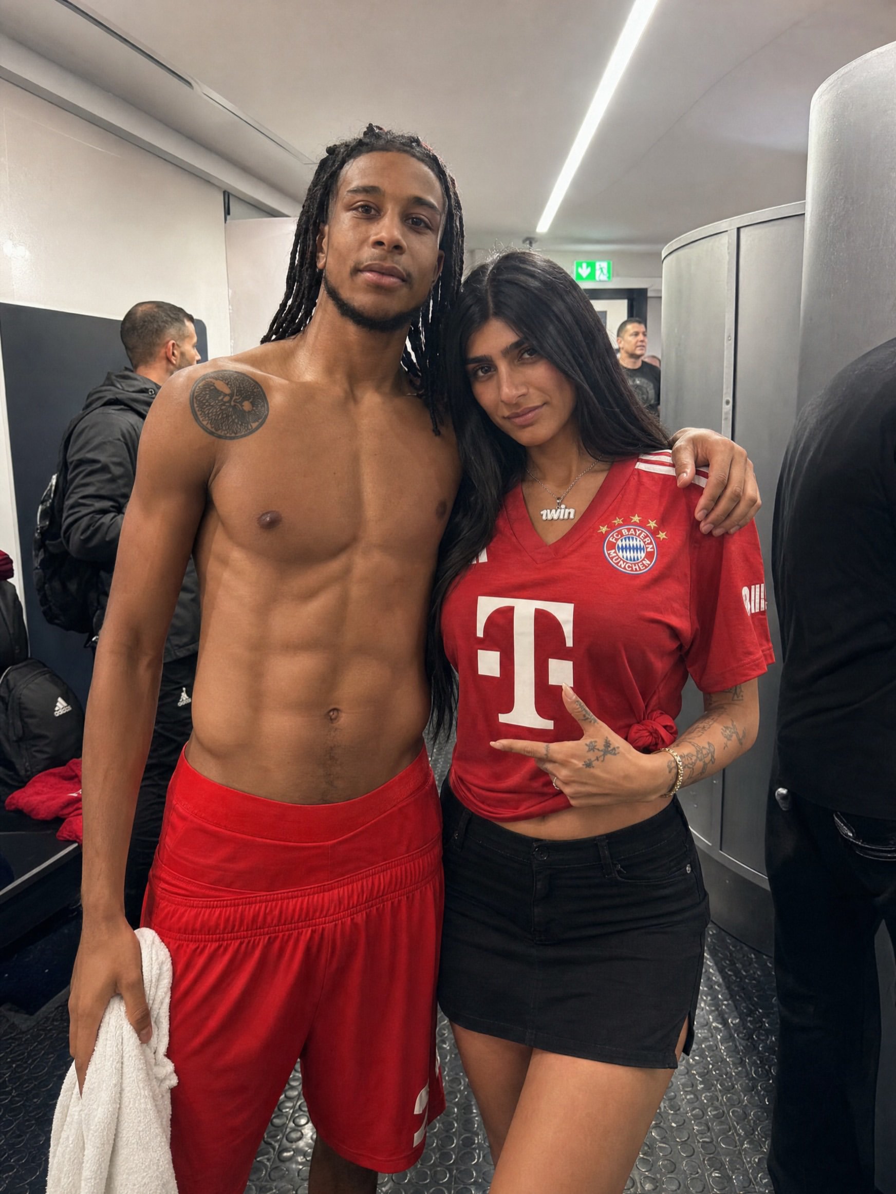 A shirtless man resembling Michael Olise and a woman resembling Mia Khalifa in a Bayern jersey posing together in a locker room.