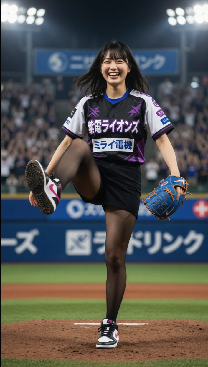 A woman in a baseball uniform and glove, captured mid-stride on a pitcher's mound under stadium lights.