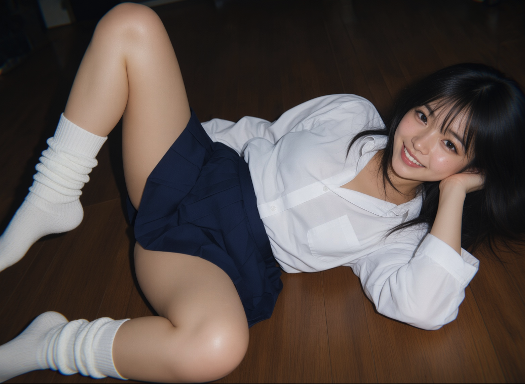 A woman lying on a wooden floor in a school uniform.