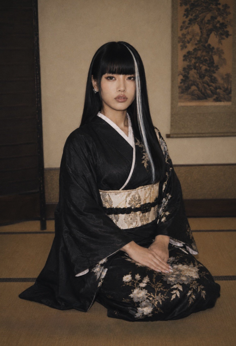 A woman kneeling in a black floral kimono inside a traditional Japanese room.