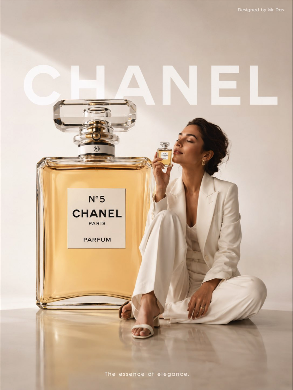 A woman seated beside an oversized Chanel N°5 perfume bottle, dressed in a white suit.