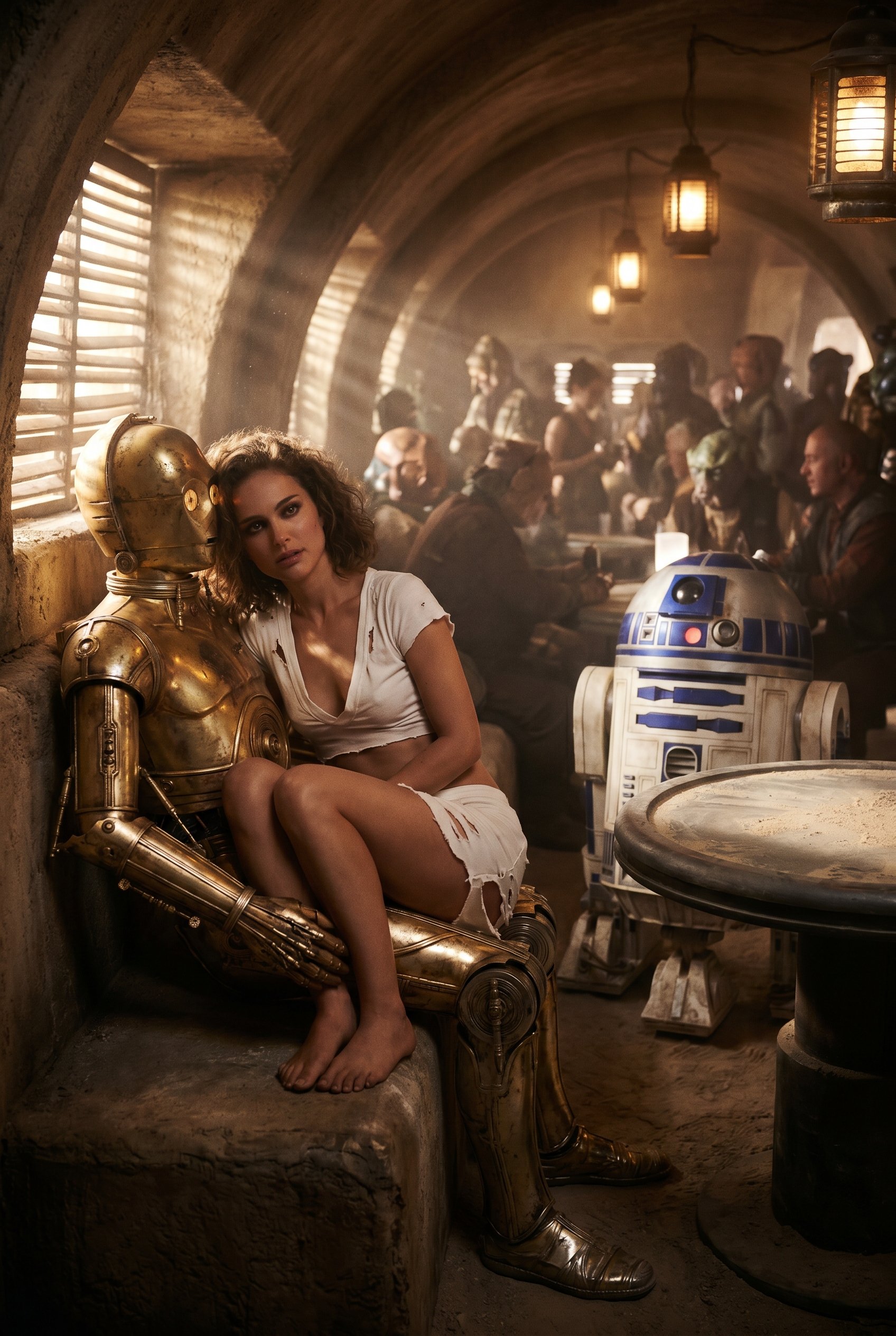 A woman resembling Natalie Portman seated beside a golden protocol droid and a blue-and-white astromech droid in a cantina.