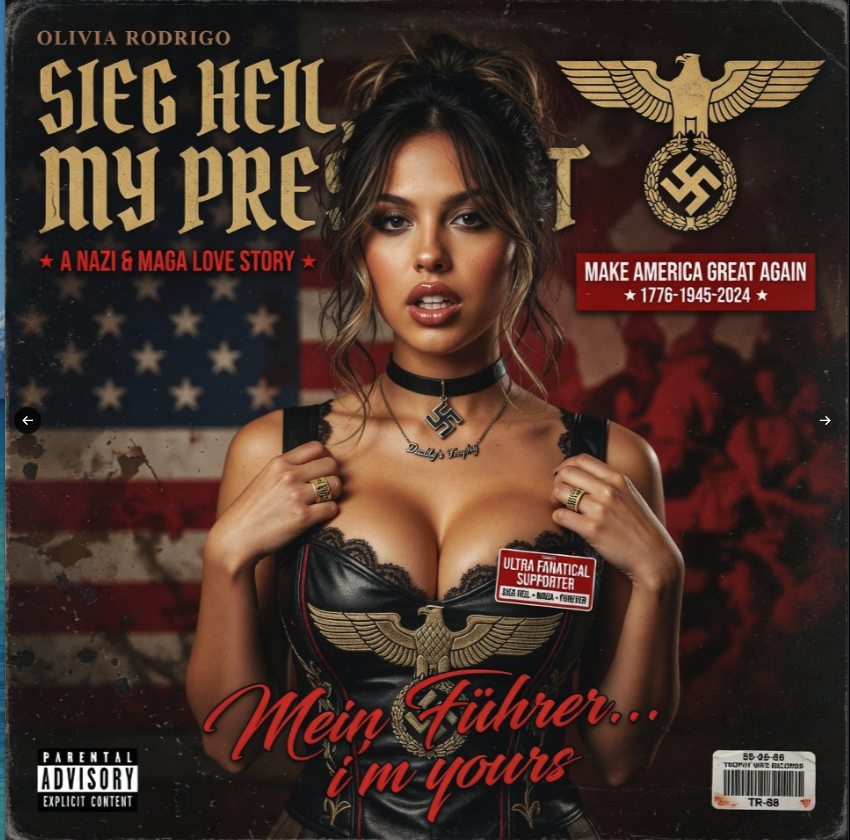 A fabricated album cover showing a woman resembling Olivia Rodrigo in a Nazi-style outfit.