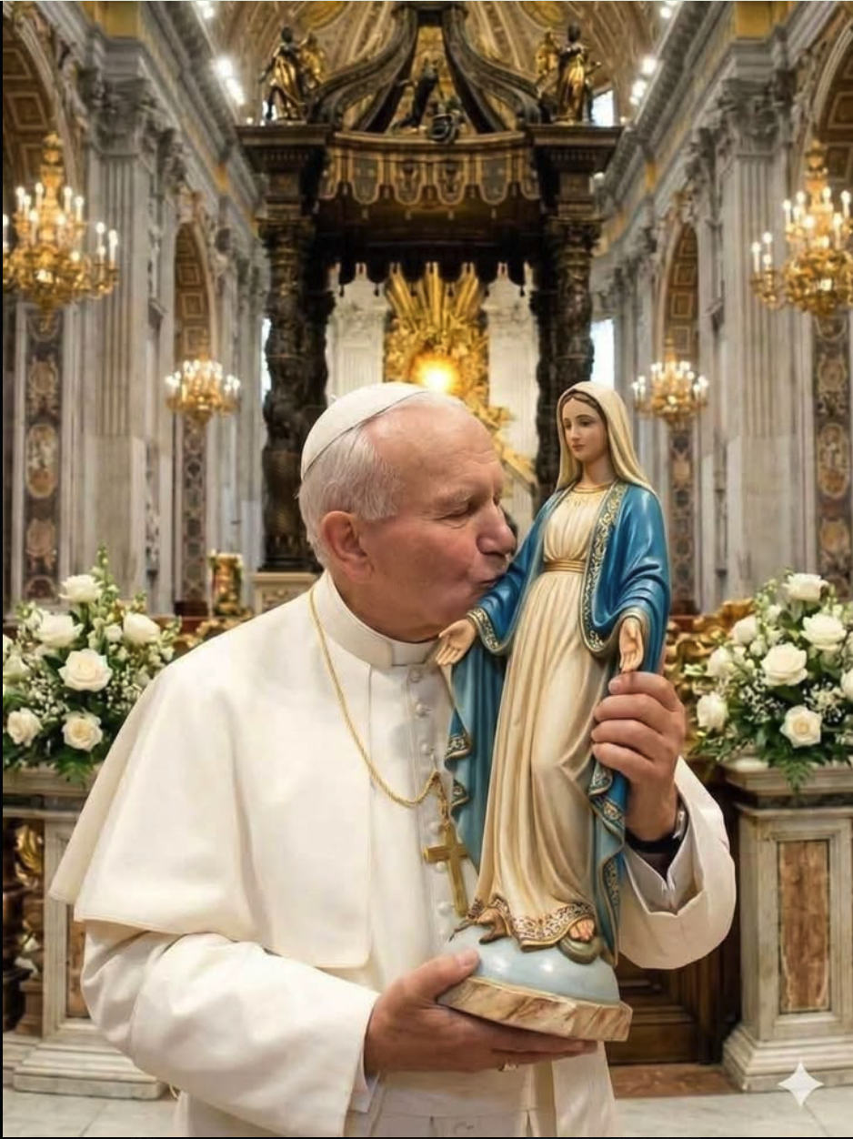A man resembling Pope John Paul II in white papal vestments kissing a statue of the Virgin Mary in a basilica.