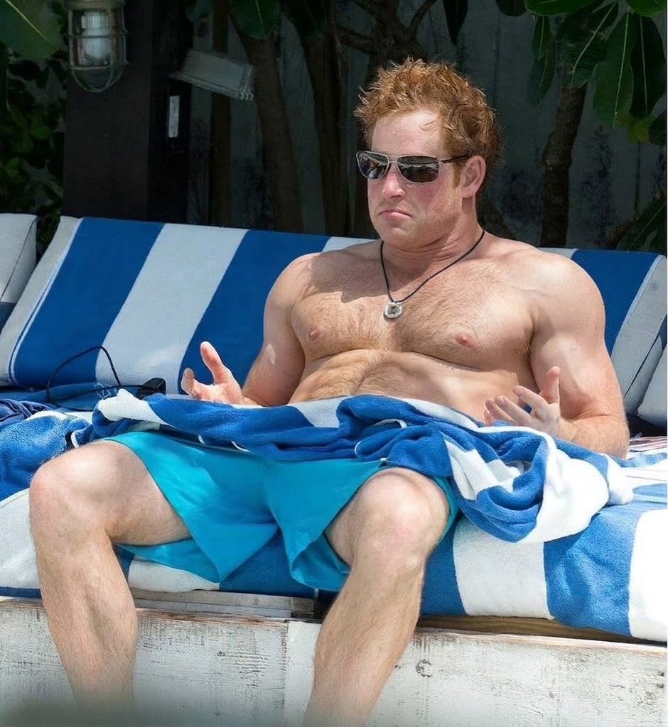 A man resembling Prince Harry, Duke of Sussex, reclining shirtless on a blue-and-white striped lounger outdoors.