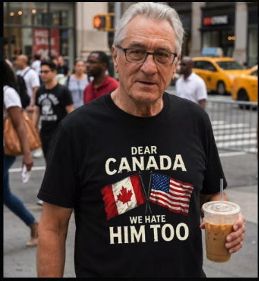 An older man resembling Robert De Niro on a city street wearing a black t-shirt reading 'Dear Canada, We Hate Him Too' beside U.S. and Canadian flags.