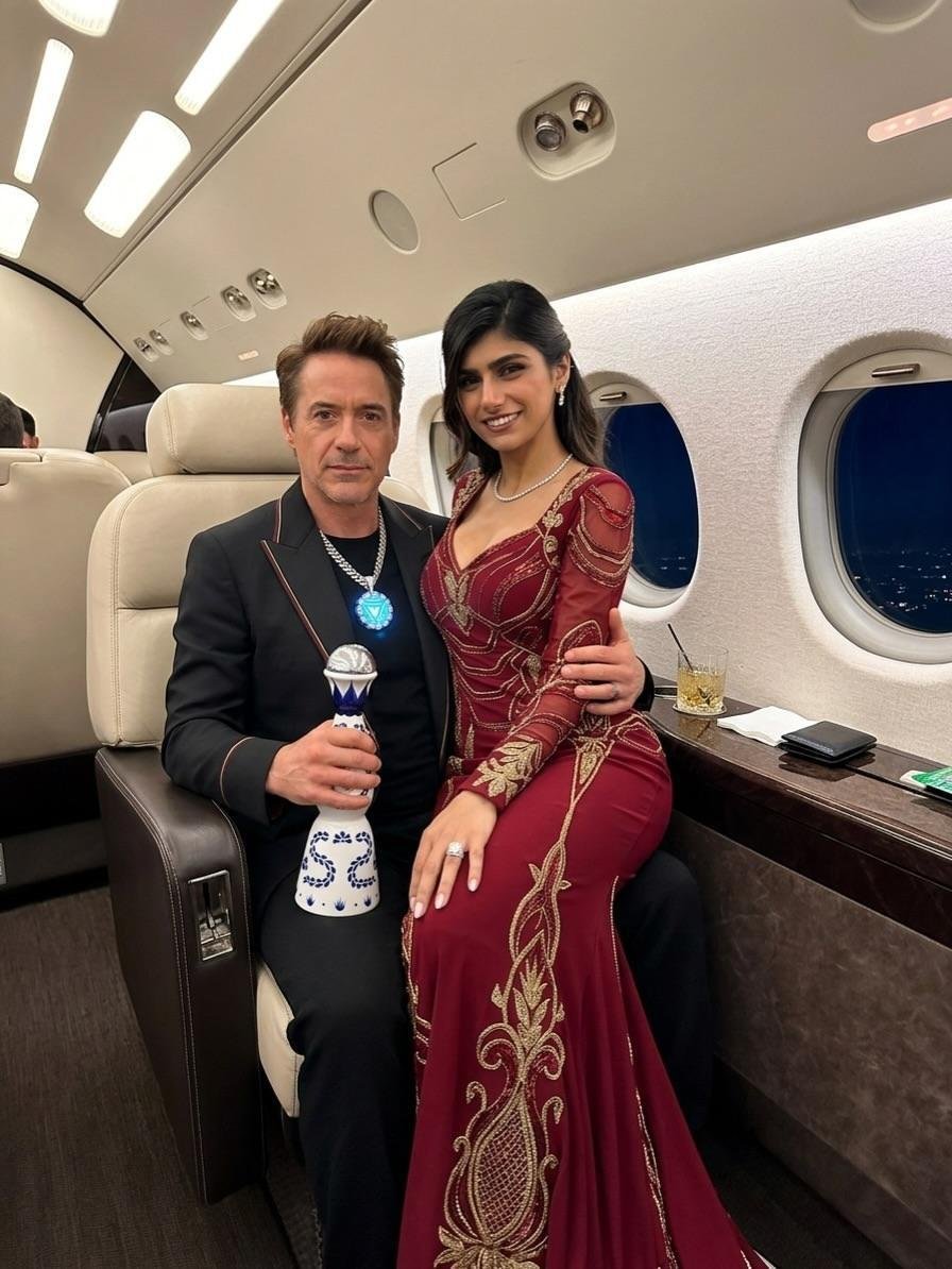 A man resembling Robert Downey Jr. and a woman resembling Mia Khalifa seated together inside a private jet.