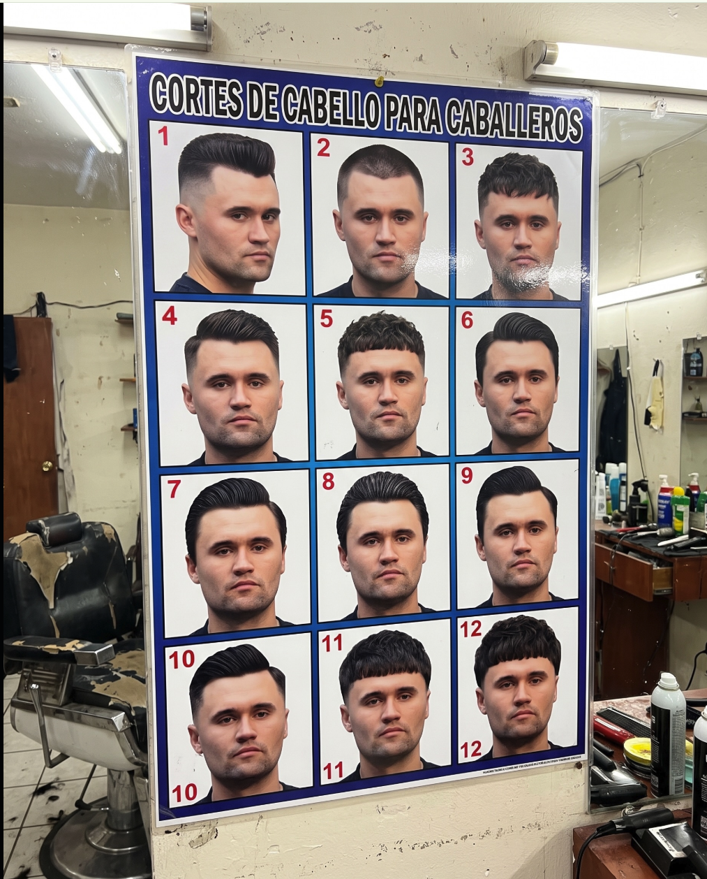 A barbershop poster showing a man resembling Charlie Kirk in 12 numbered hairstyle photos, mounted on a wall inside a shop.