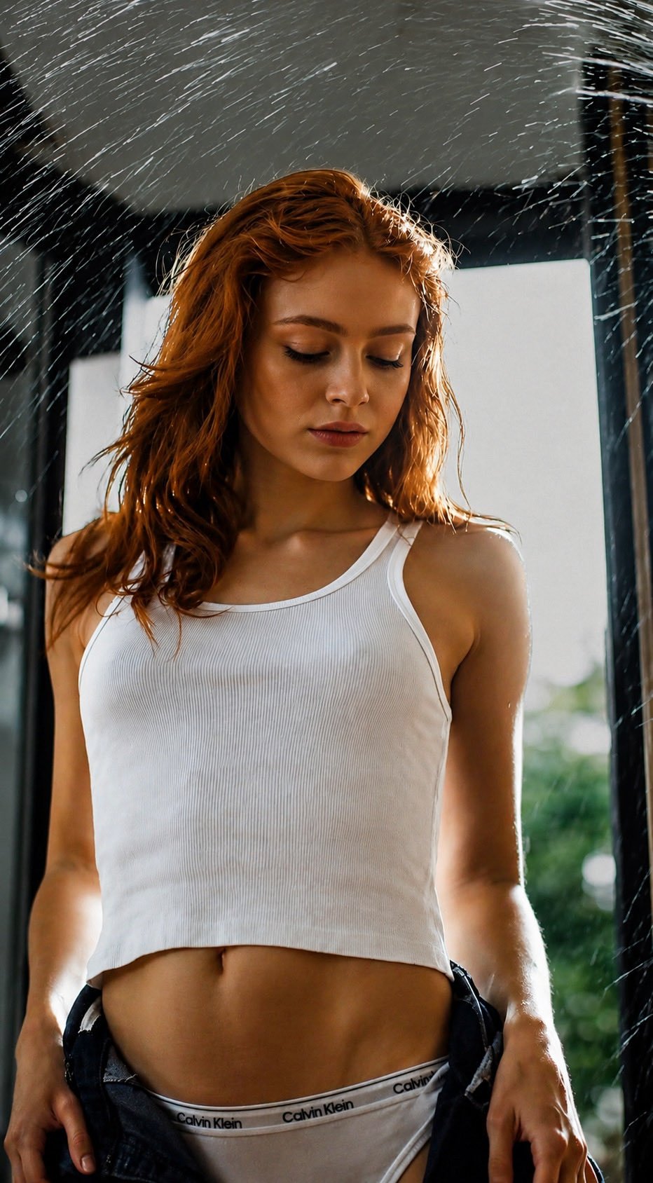 A woman resembling Sadie Sink with red hair wearing a white tank top, with Calvin Klein underwear visible, standing in a rain-streaked doorway.