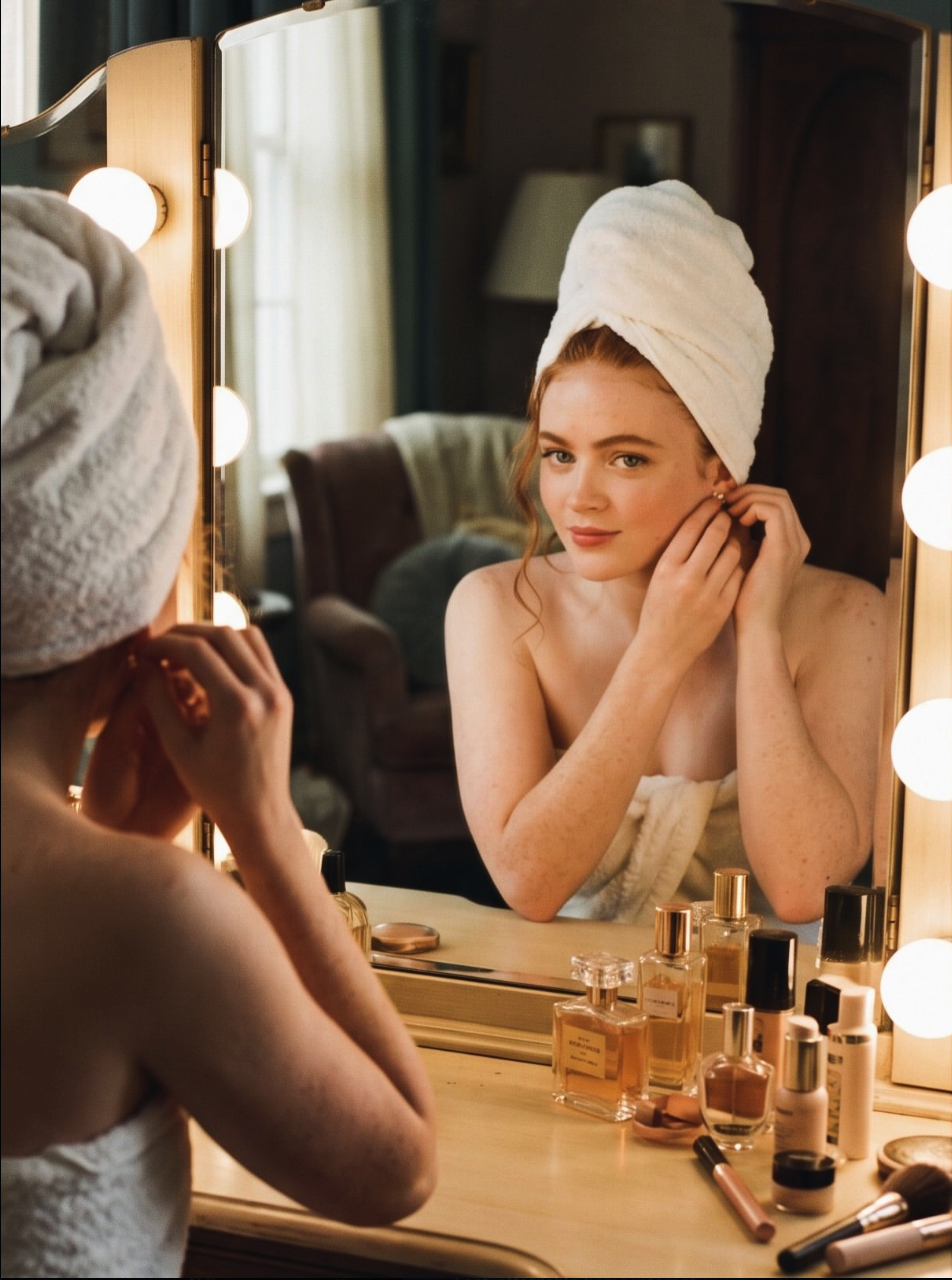 A woman resembling Sadie Sink wrapped in a towel with another towel on her head, posed at a lit vanity mirror.