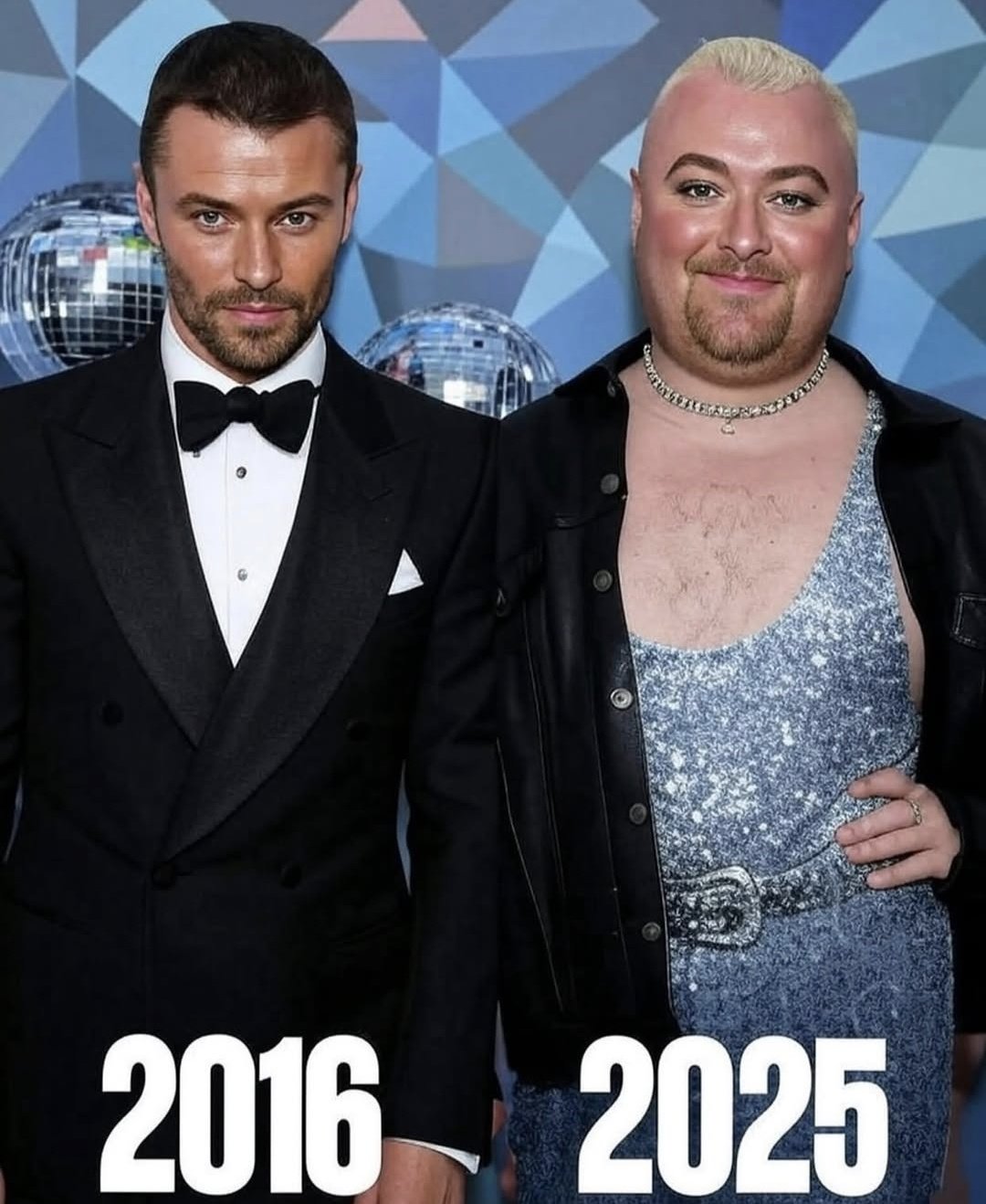 A side-by-side image of a person resembling Sam Smith, labeled '2016' and '2025', in a tuxedo and a sparkly silver dress.