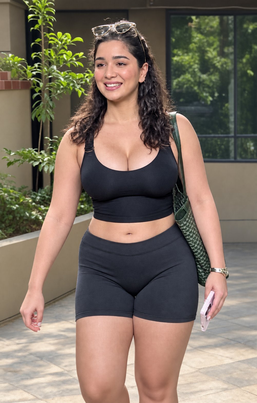 A woman resembling Sara Tendulkar in a black sports bra and shorts walking outdoors.