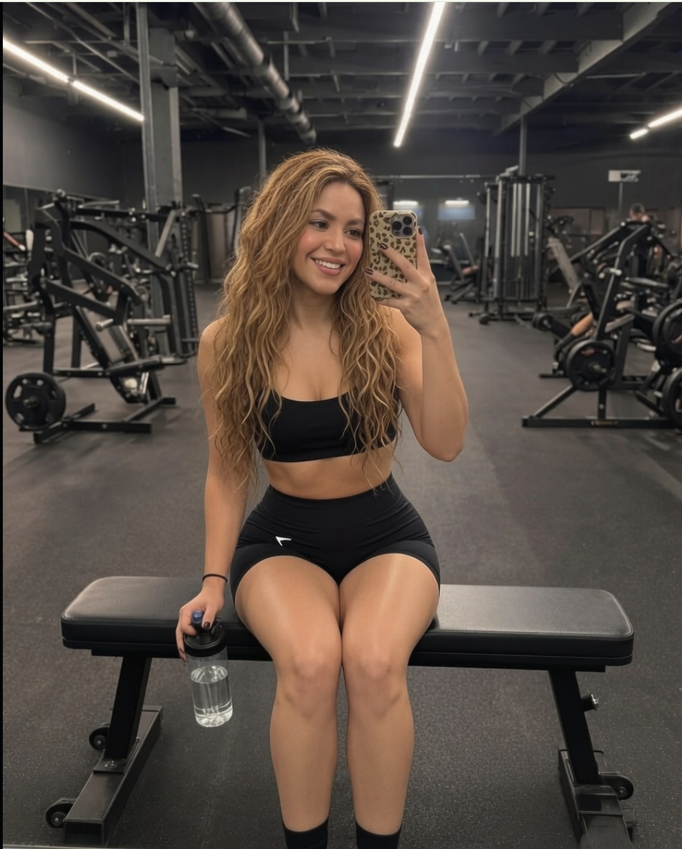A woman resembling Shakira taking a mirror selfie while seated on a gym bench.