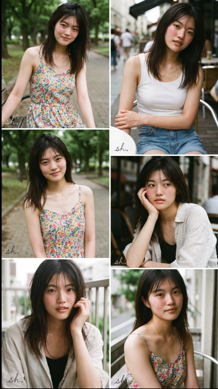 Six-panel photo collage of a young woman resembling Shin Eun-soo, Suzuka Morita, Kanon Suzuki, or Rila Fukushima in casual outfits.