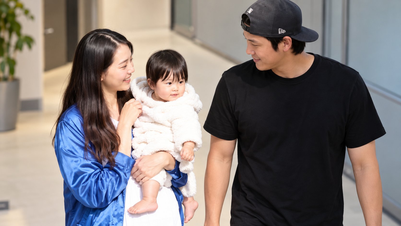 Three poeple a woman , a young child, and Shohei Ohtani standing together indoors.