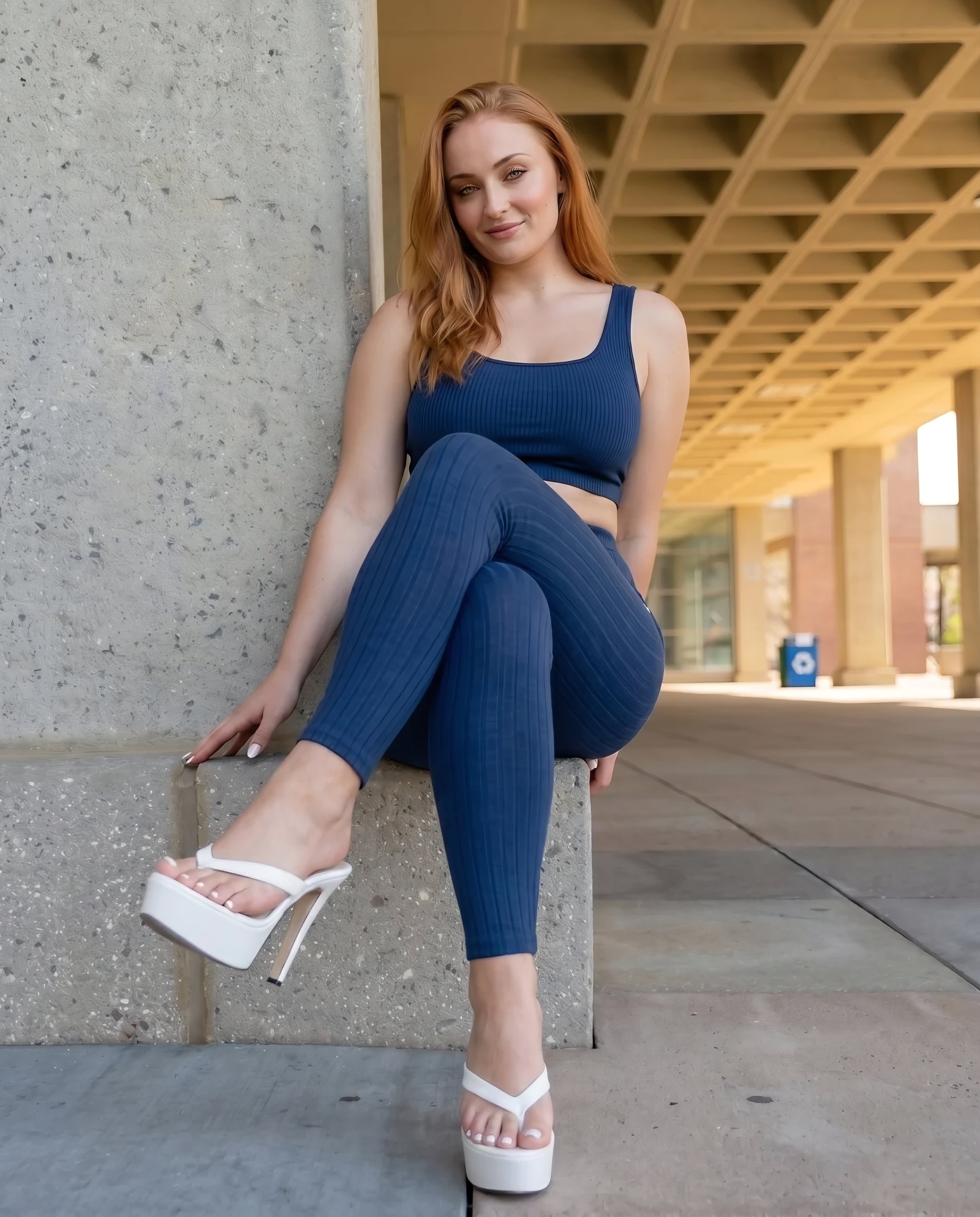 A woman resembling Sophie Turner seated on a concrete ledge wearing a navy blue ribbed crop top and leggings with white platform heels.