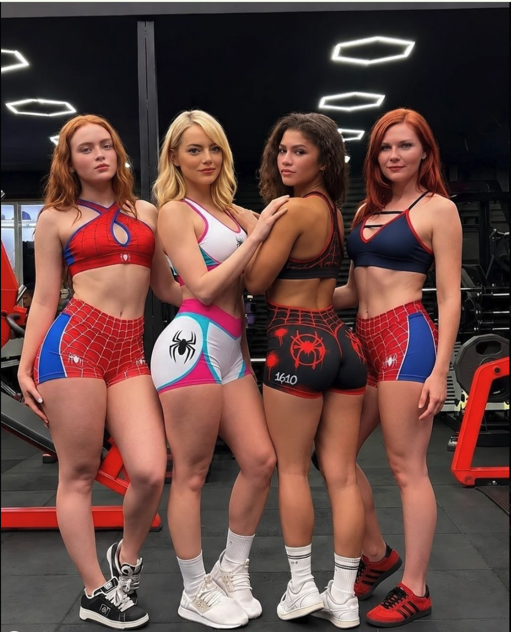 Four women resembling Emma Stone, Kirsten Dunst, Sadie Sink and Zendaya in spider-themed athletic wear inside a gym.