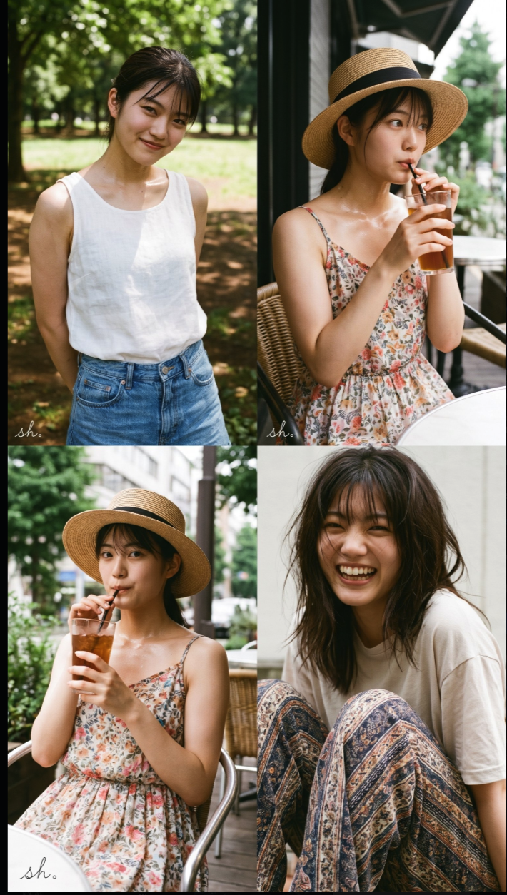 Four images in casual park and café settings.
