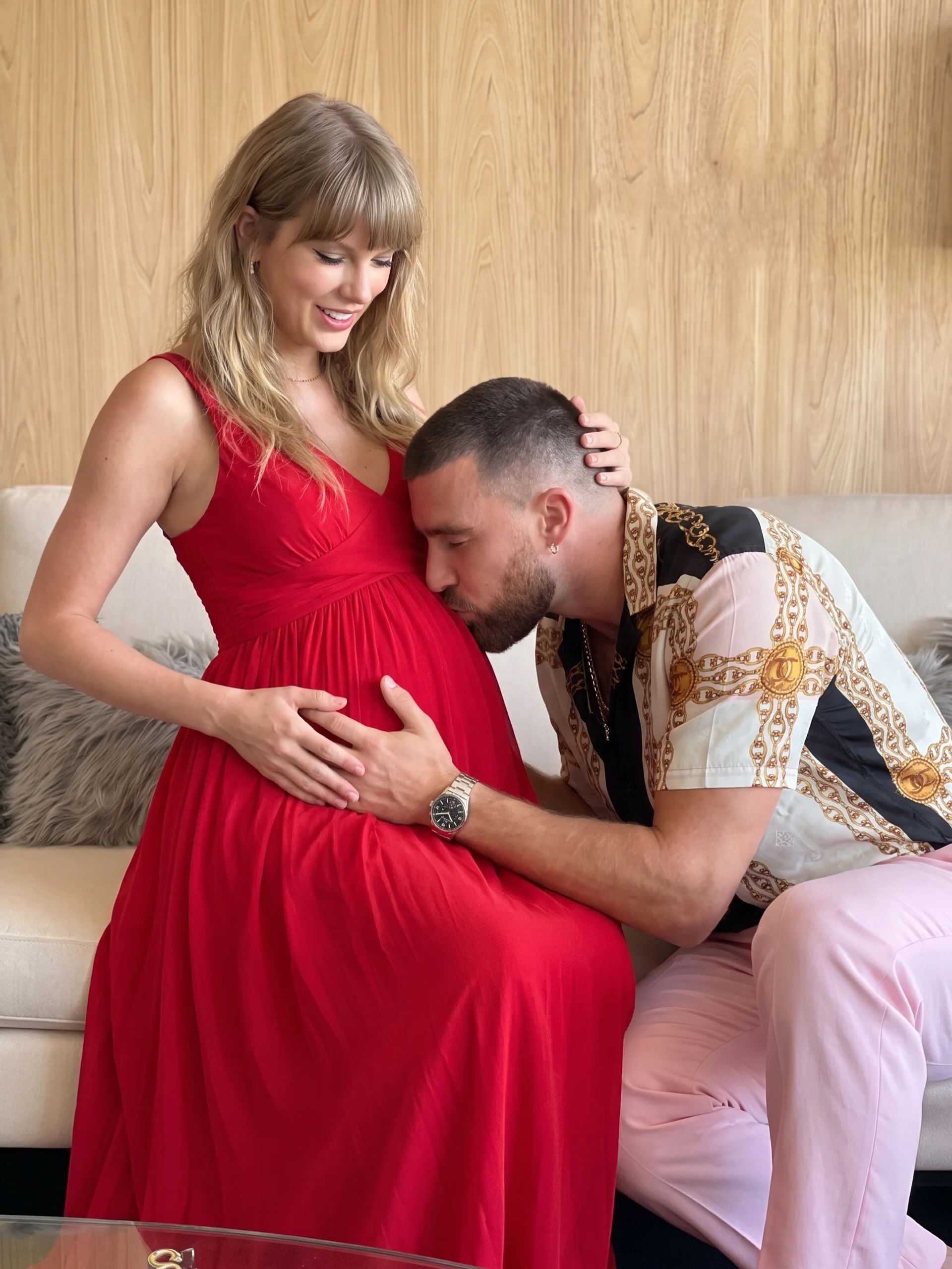 A woman resembling Taylor Swift in a red dress being embraced by a man resembling Travis Kelce on a couch.