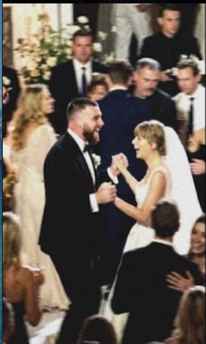A woman resembling Taylor Swift in a wedding dress and a man resembling Travis Kelce in a dark suit dancing together at a wedding.