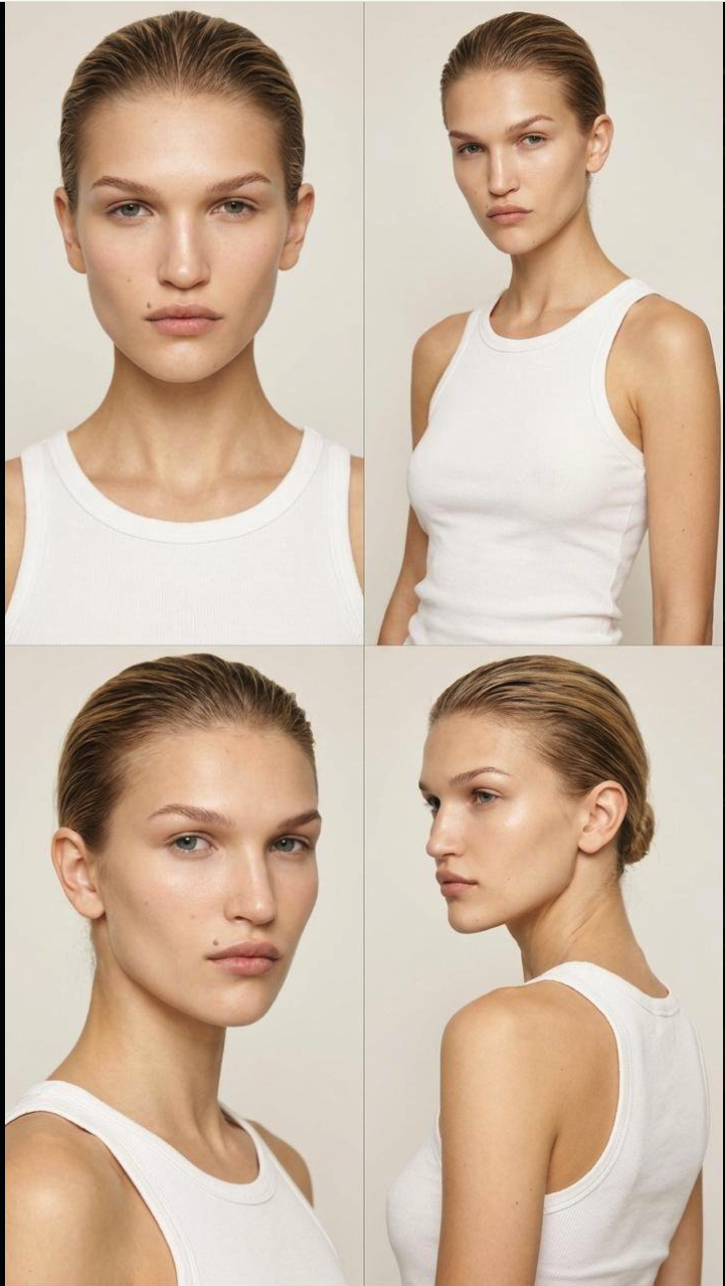 Four-panel composite showing a woman resembling Toni Garrn in a white tank top, photographed from multiple angles.