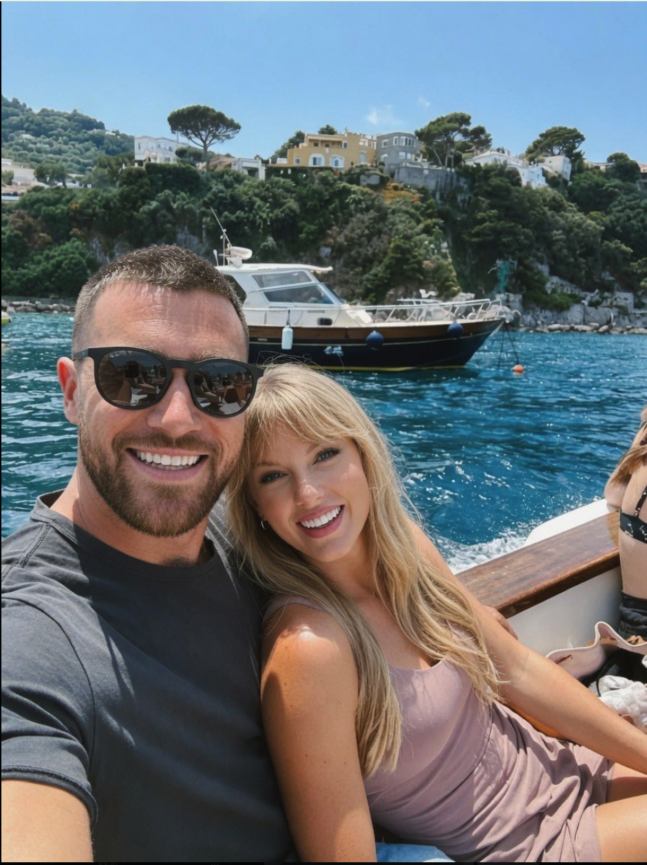 A man resembling Travis Kelce and a woman resembling Taylor Swift taking a selfie together on a boat.
