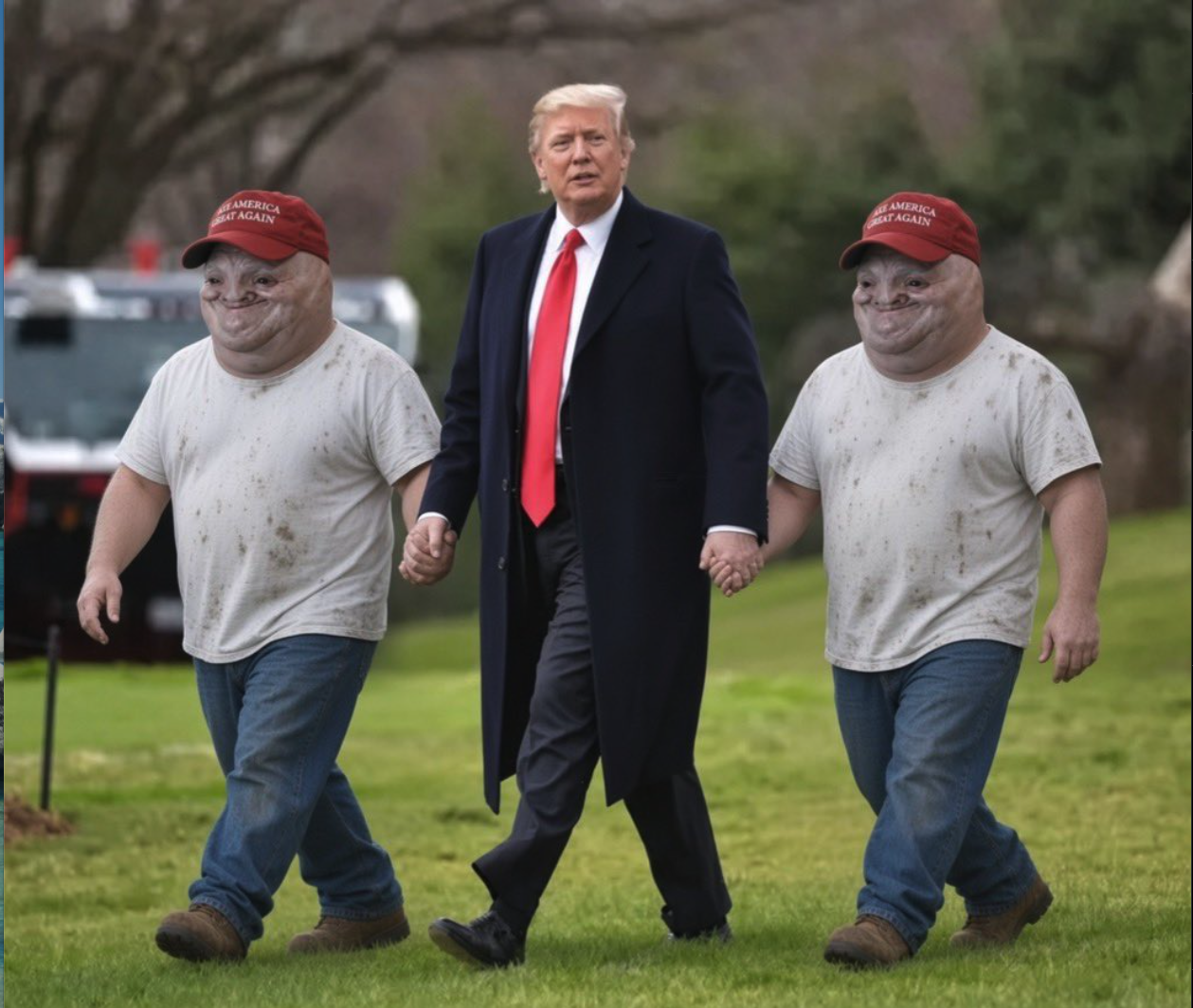 A man resembling Donald Trump holding hands with two figures with distorted features, walking across a lawn outdoors.