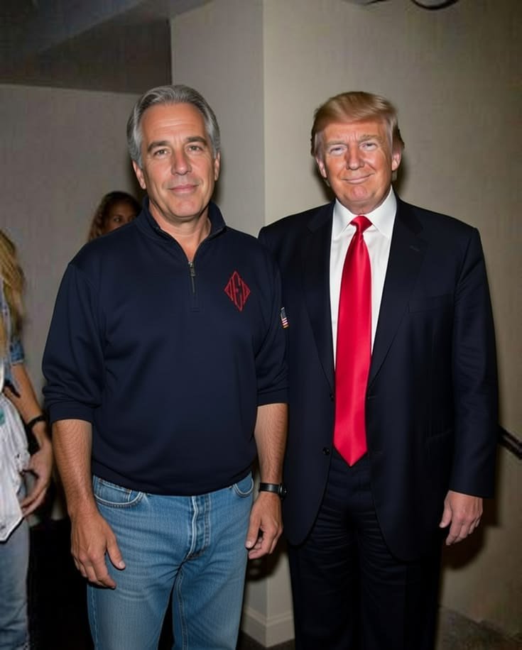 Two men resembling Donald Trump and Jeffrey Epstein standing together in an interior hallway.