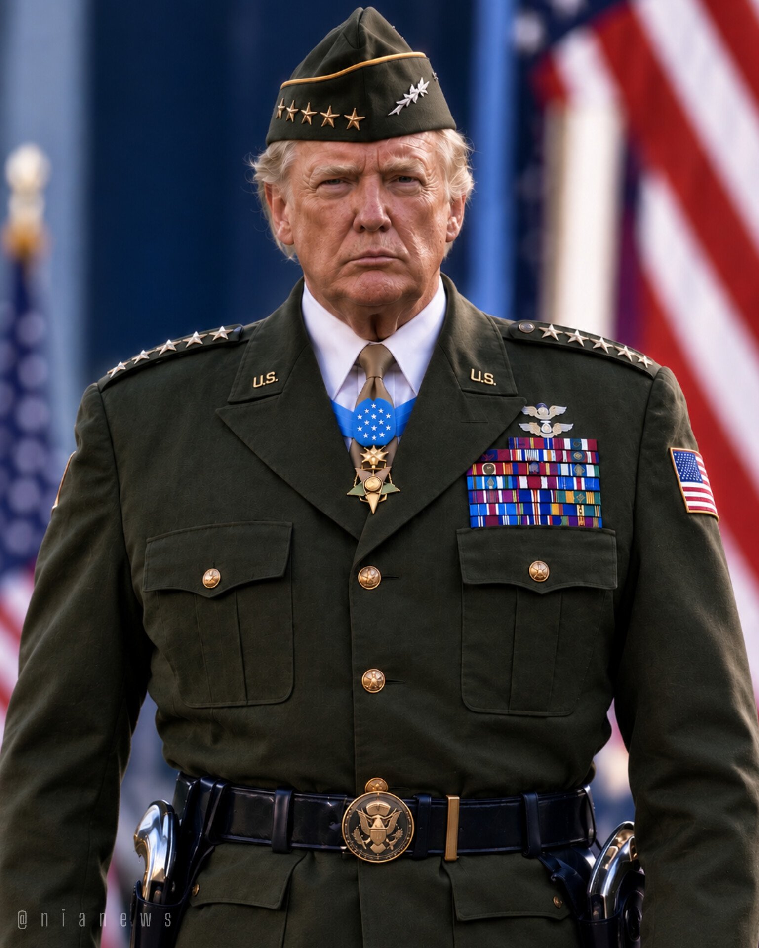 A man resembling Donald Trump wearing a U.S. Army general's uniform with multiple decorations.