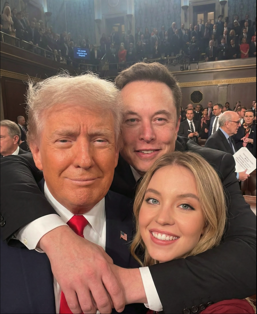 A selfie appearing to show Donald Trump, Elon Musk, and Sydney Sweeney together in a congressional chamber.