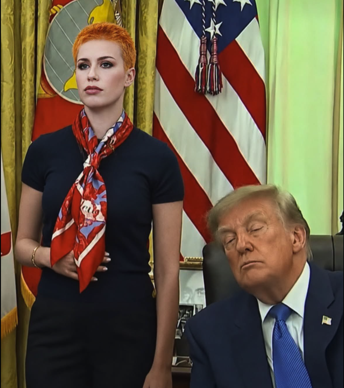 A woman with short orange-red hair standing beside a seated man resembling Donald Trump in a White House-style office.