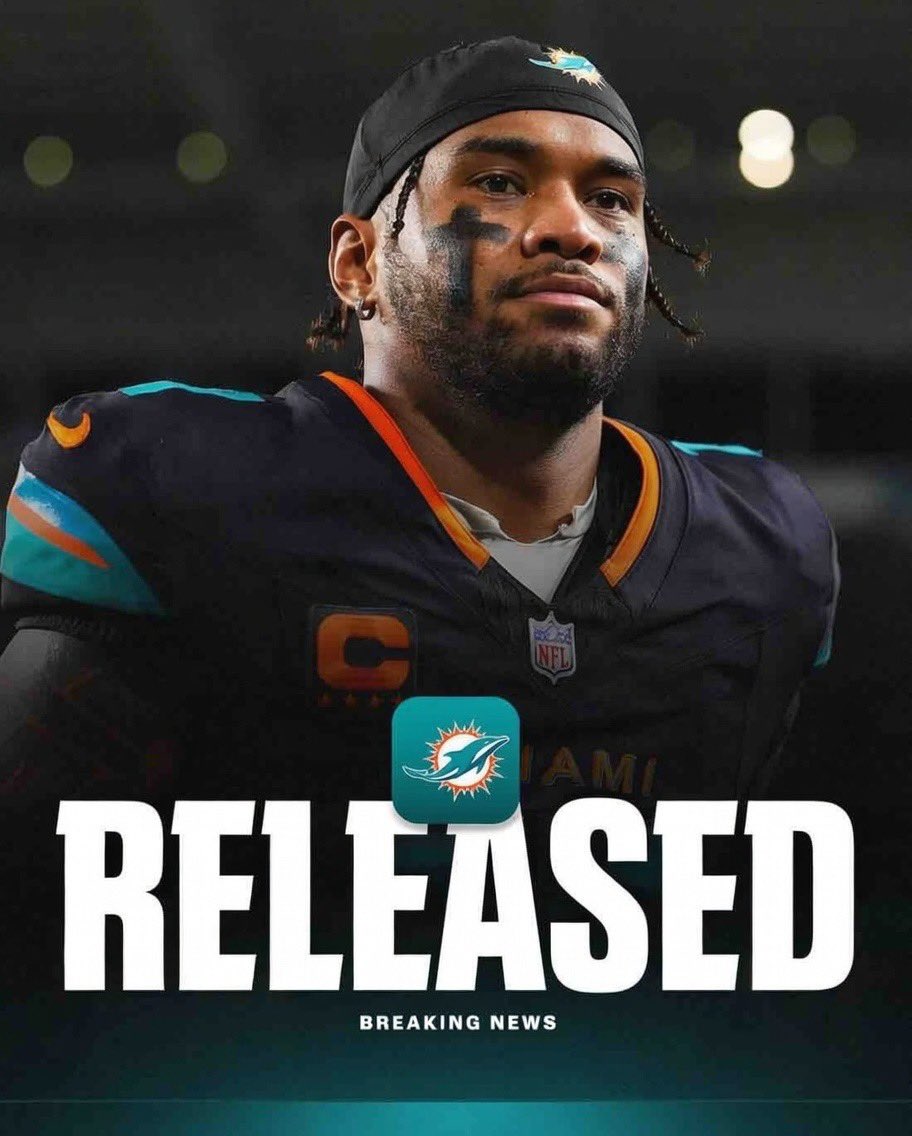A man resembling Tua Tagovailoa in a Miami Dolphins jersey with the word 'RELEASED' and a 'BREAKING NEWS' banner overlaid.