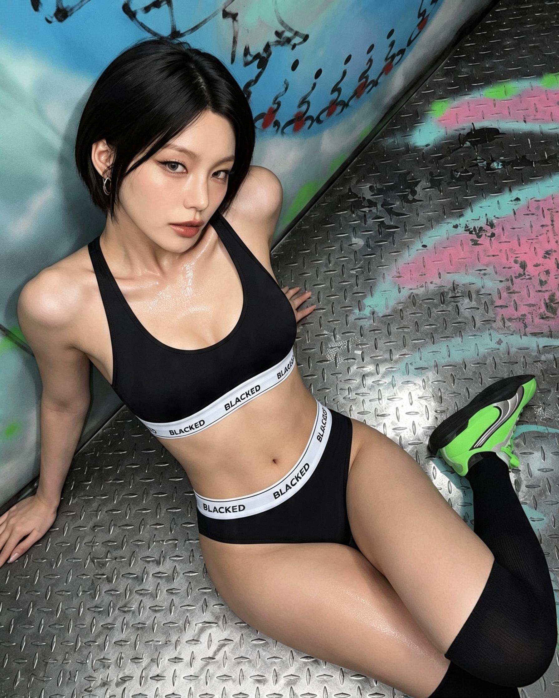 A woman resembling Yeji in BLACKED-branded sportswear reclining on a metal diamond-plate surface.