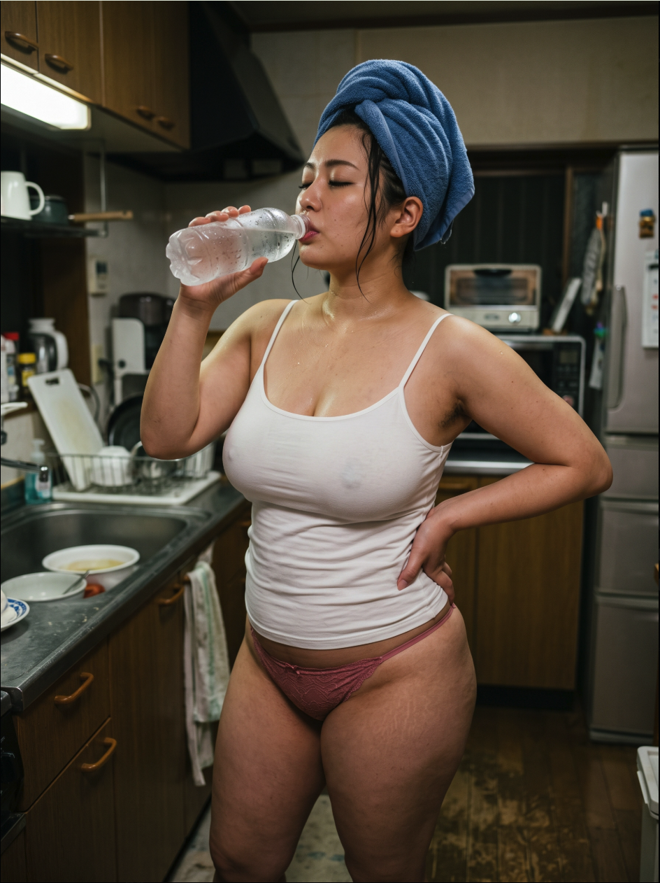 A person standing in a kitchen wearing a tank top and underwear with a towel wrapped around their head.