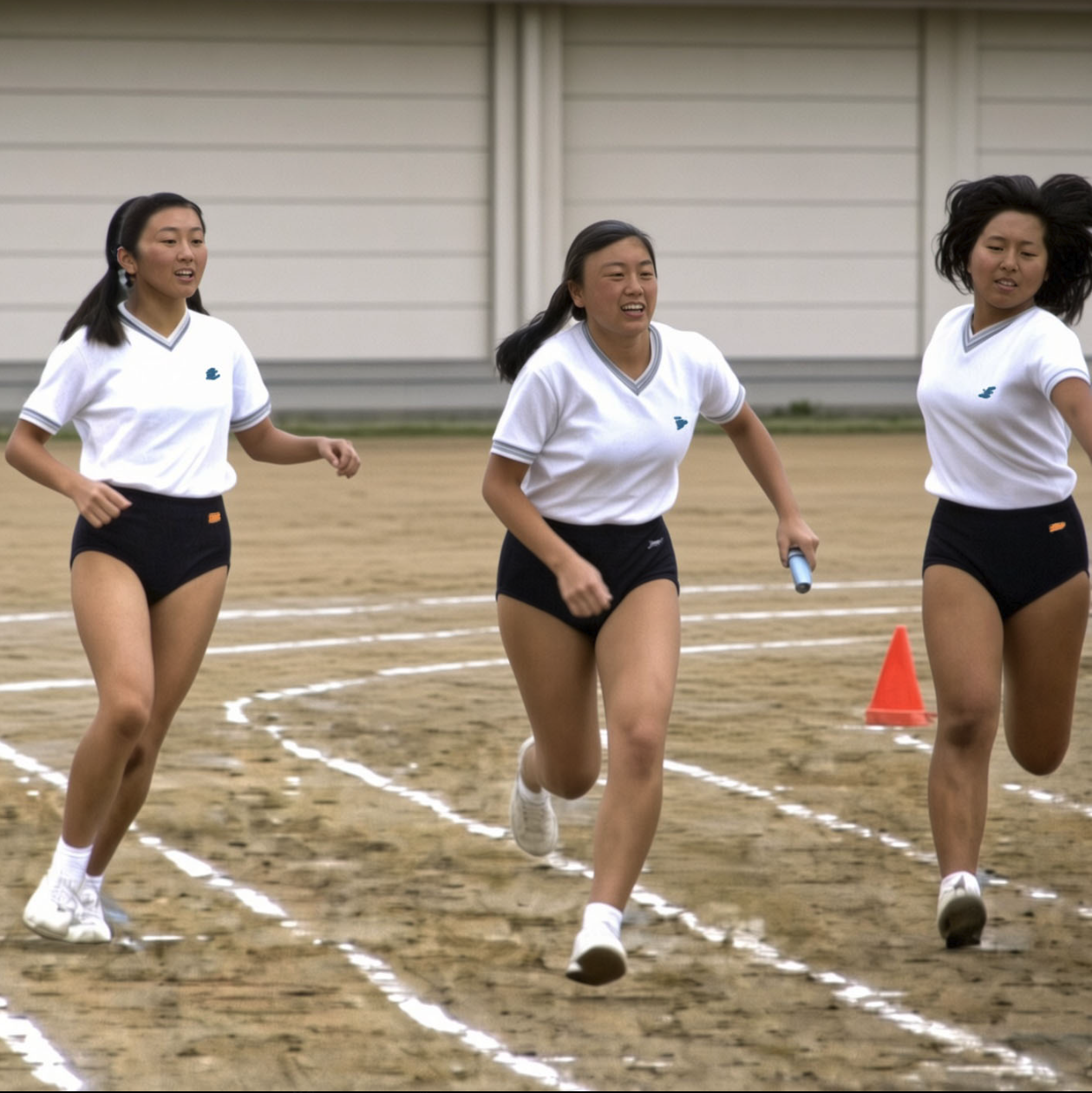 Three women resembling Yuki Nagasato, Cao Zhen, and Sun Yujun running on a dirt sports field during a relay training session.