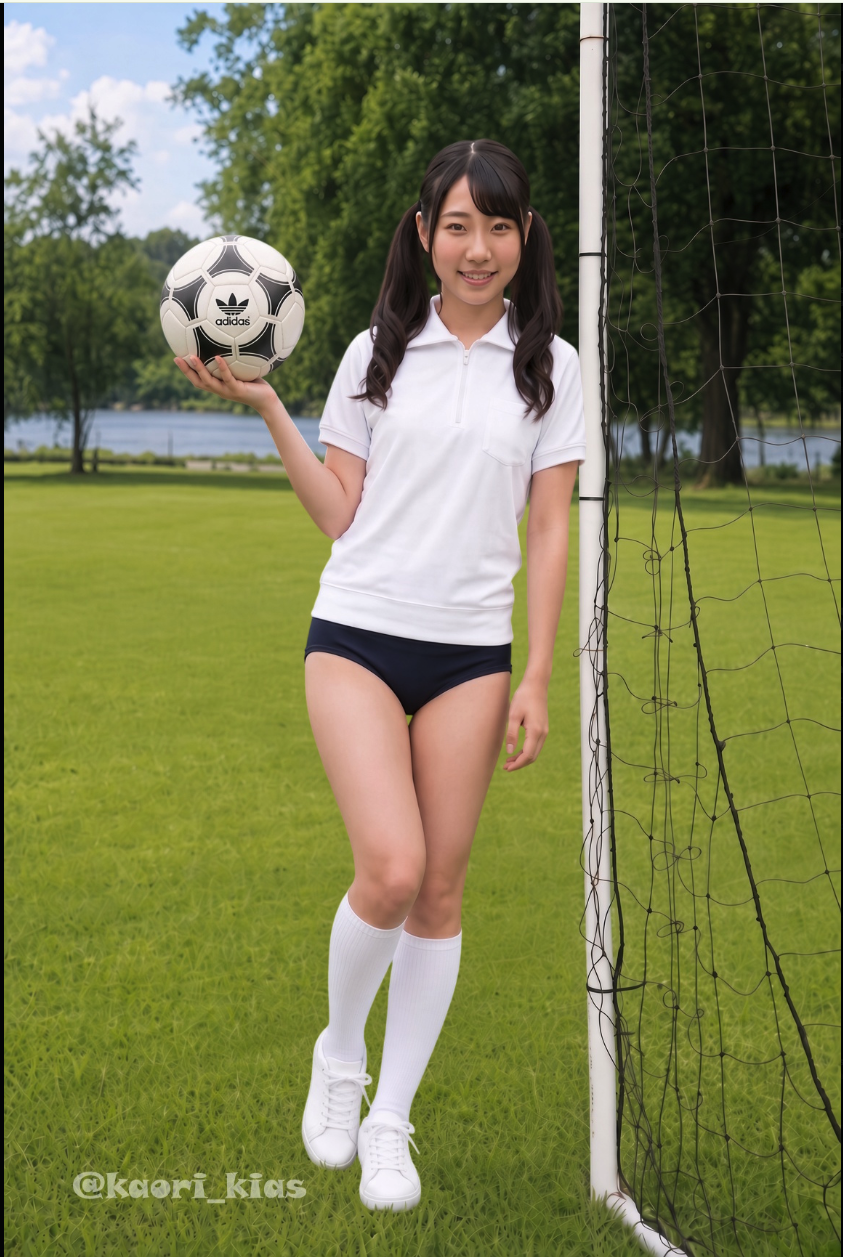 A young woman resembling Yuuka Kato holding a soccer ball beside a goal post on a grass field.