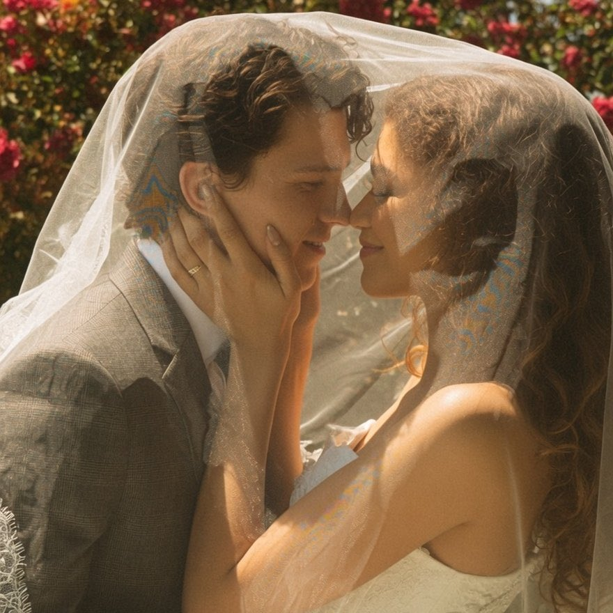 A bride and groom resembling Zendaya and Tom Holland sharing an intimate moment under a veil at an outdoor wedding.