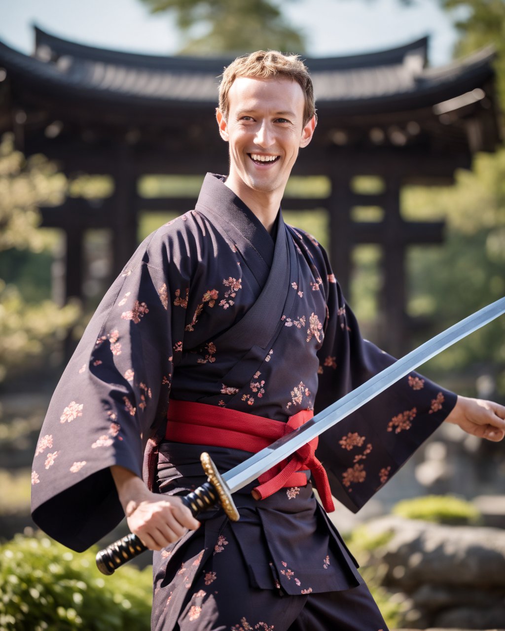 A man resembling Mark Zuckerberg wearing a dark floral kimono and holding a katana in front of a Japanese torii gate.