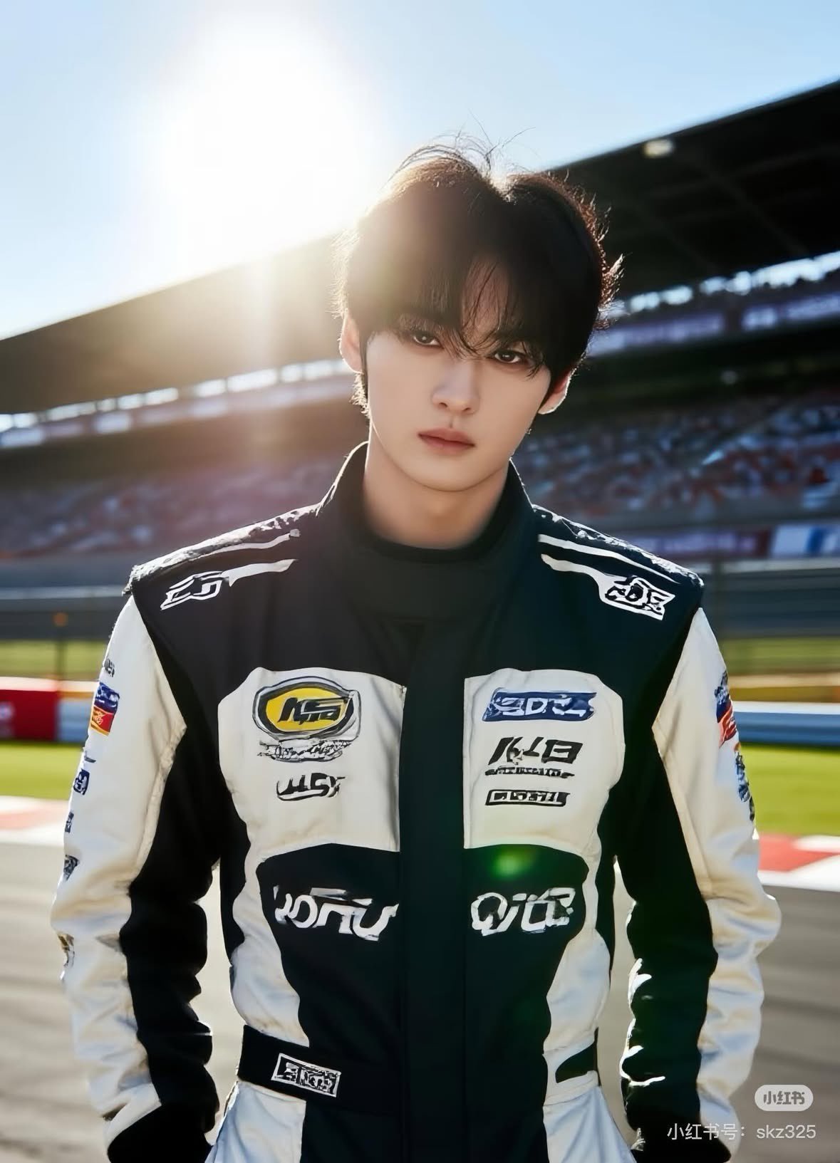 A young man resembling Lee Minho wearing a black and white racing jacket covered in sponsor patches, standing at a stadium.